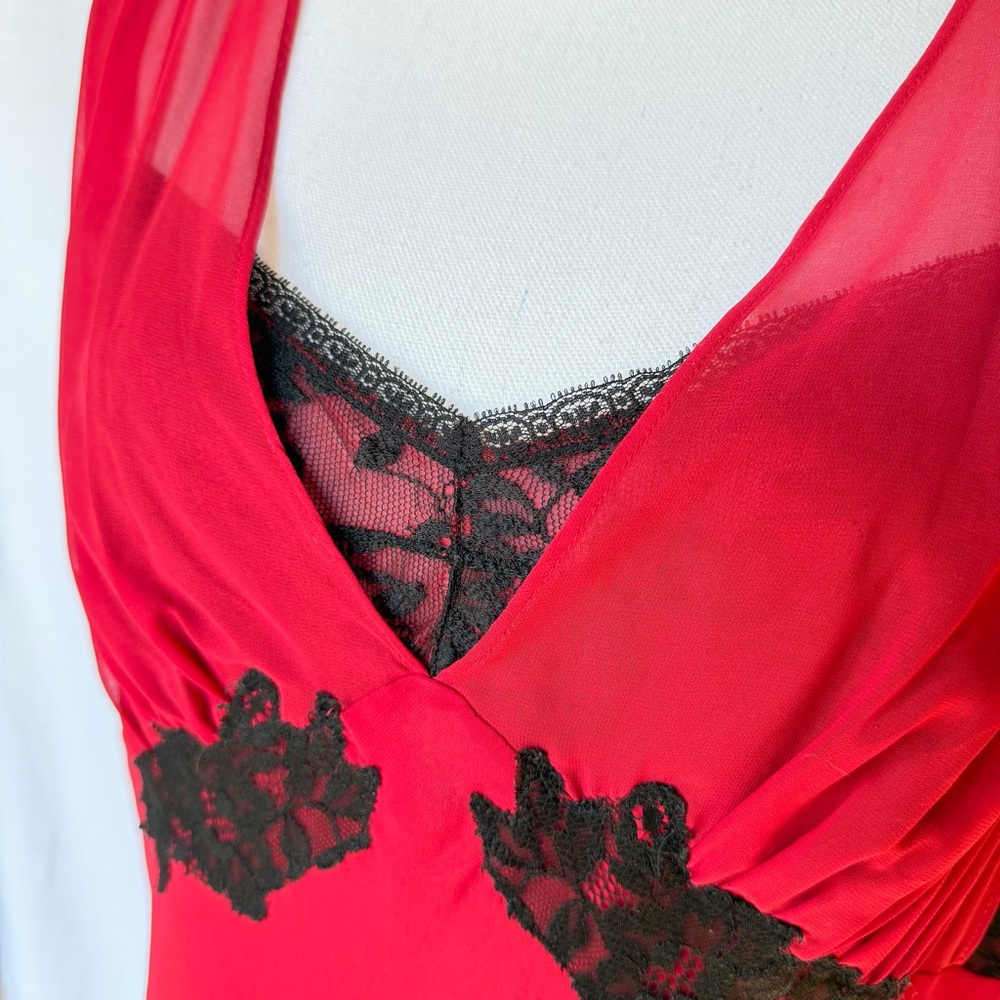 Vintage Cabernet Red Chiffon Black Lace Accent Nightgown/Slip Dress Size XL